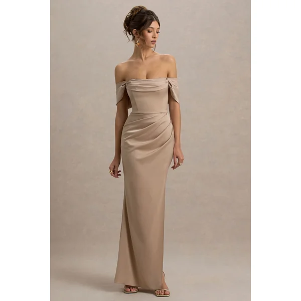 Annie | Robe Longue Champagne en Satin à Décolleté Bardot avec Jupe Drapée à Fente