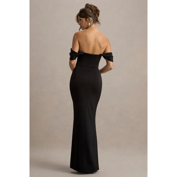 Annie | Robe Longue Noire en Satin à Décolleté Bardot avec Jupe Drapée à Fente