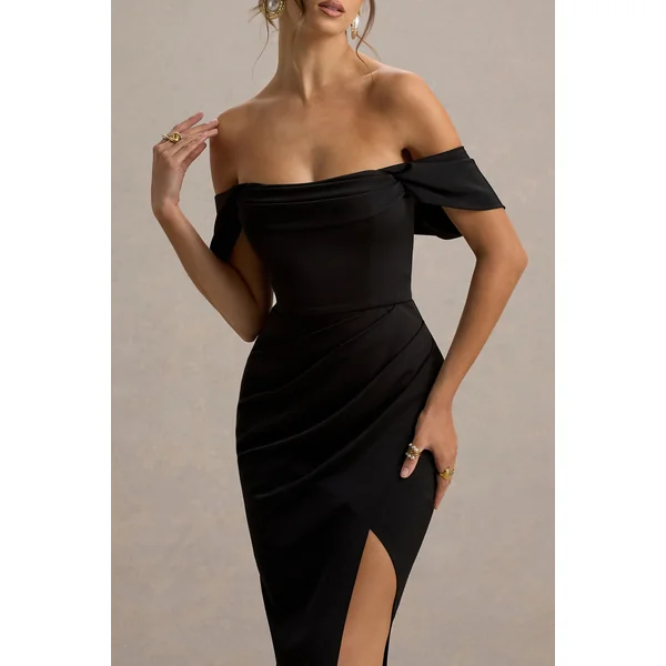 Annie | Robe Longue Noire en Satin à Décolleté Bardot avec Jupe Drapée à Fente