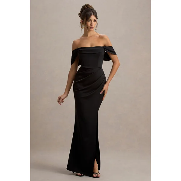Annie | Robe Longue Noire en Satin à Décolleté Bardot avec Jupe Drapée à Fente