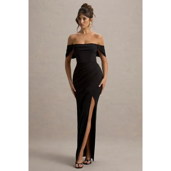 Annie | Robe Longue Noire en Satin à Décolleté Bardot avec Jupe Drapée à Fente
