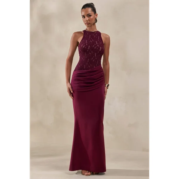 Anthelia | Robe longue bordeaux en dentelle et satin à encolure nageur et détails drapés