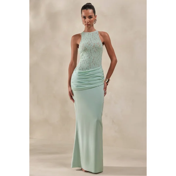 Anthelia | Robe longue menthe en dentelle et satin à encolure nageur et détails drapés