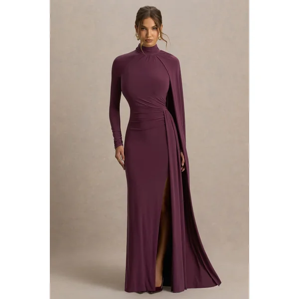 Anticipation | Robe longue bordeaux à encolure haute avec fente avant et détails froncés