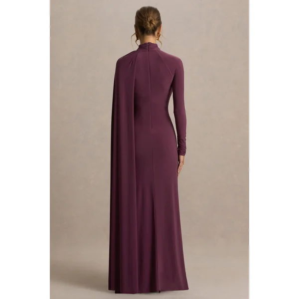 Anticipation | Robe longue bordeaux à encolure haute avec fente avant et détails froncés