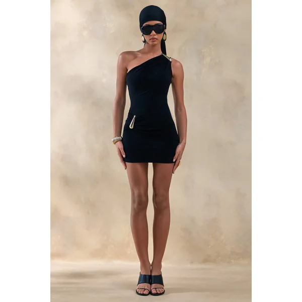 Anvia | Mini-robe noire à encolure asymétrique avec détail doré