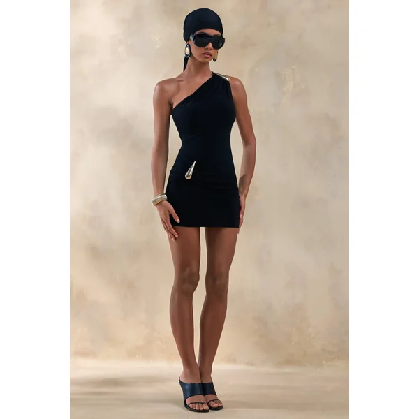 Anvia | Mini-robe noire à encolure asymétrique avec détail doré