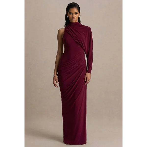 Aphra | Robe longue bordeaux à haute encolure et manche cape