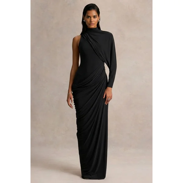 Aphra | Robe longue noire à col montant et manche cape