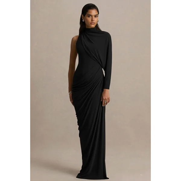 Aphra | Robe longue noire à col montant et manche cape