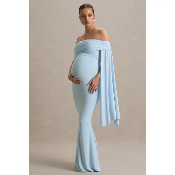 Aquila | Robe de maternité longue bardot bleu poudré avec manche drapée