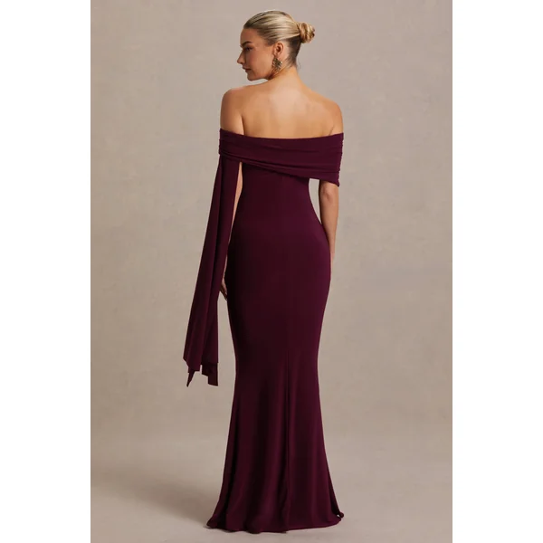 Aquila | Robe longue de maternité bordeaux à encolure bardot avec manche drapée