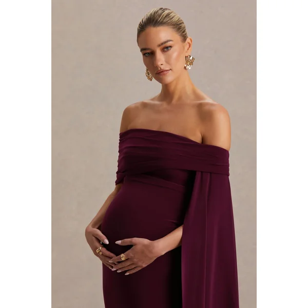 Aquila | Robe longue de maternité bordeaux à encolure bardot avec manche drapée