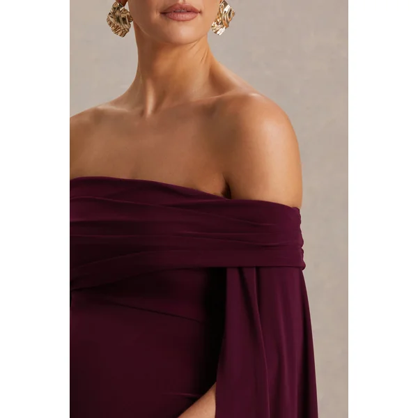 Aquila | Robe longue de maternité bordeaux à encolure bardot avec manche drapée