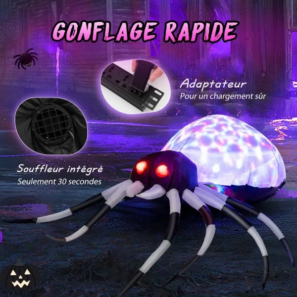 Araignée Gonflable Murale Halloween de 105 cm avec Lumières Multicolores et Gonfleur Intégré