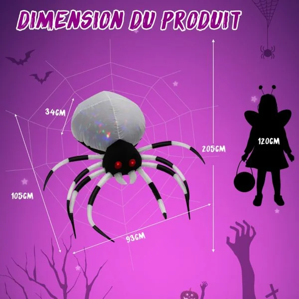Araignée Gonflable Murale Halloween de 105 cm avec Lumières Multicolores et Gonfleur Intégré