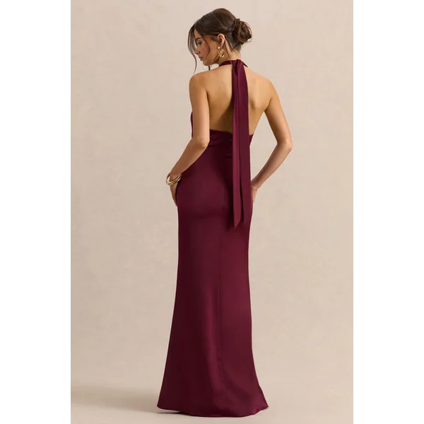 Aralisse | Robe longue en satin bordeaux à col drapé