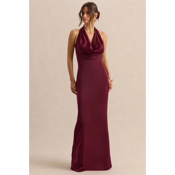 Aralisse | Robe longue en satin bordeaux à col drapé