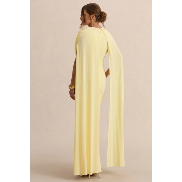 Araminta | Robe longue de maternité citron à encolure Bardot avec manches cape