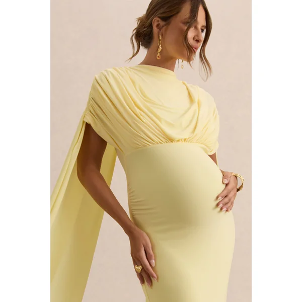 Araminta | Robe longue de maternité citron à encolure Bardot avec manches cape