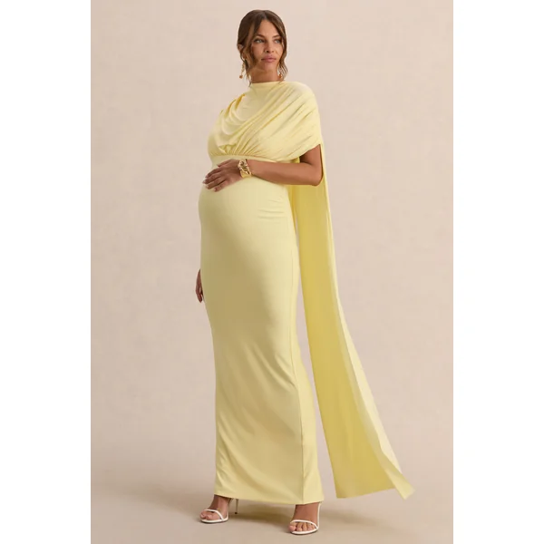 Araminta | Robe longue de maternité citron à encolure Bardot avec manches cape