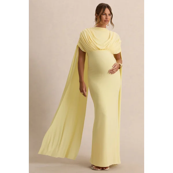 Araminta | Robe longue de maternité citron à encolure Bardot avec manches cape