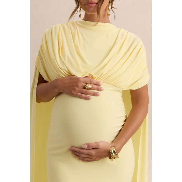 Araminta | Robe longue de maternité citron à encolure Bardot avec manches cape