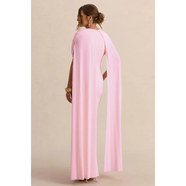 Araminta | Robe longue de maternité rose clair à encolure Bardot avec manches cape