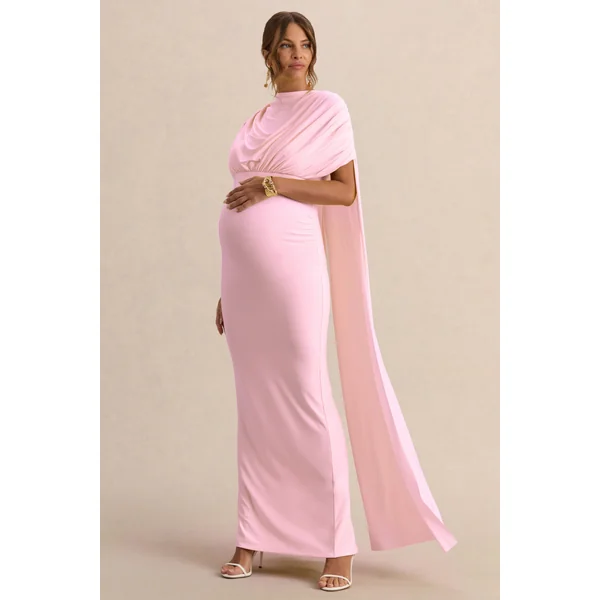 Araminta | Robe longue de maternité rose clair à encolure Bardot avec manches cape