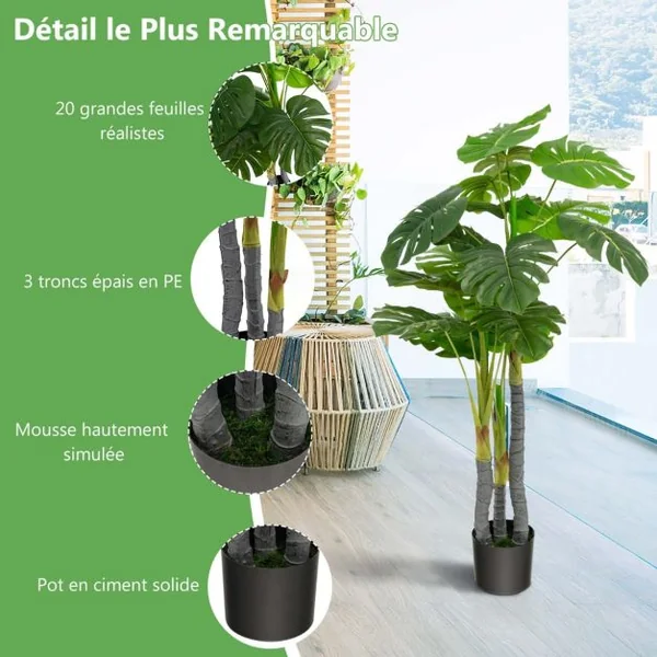 Arbre Artificiel 120cm avec Pot et 20 Feuilles Plante Faux Monstera Deliciosa pour Décoration Intérieur Exterieur Vert