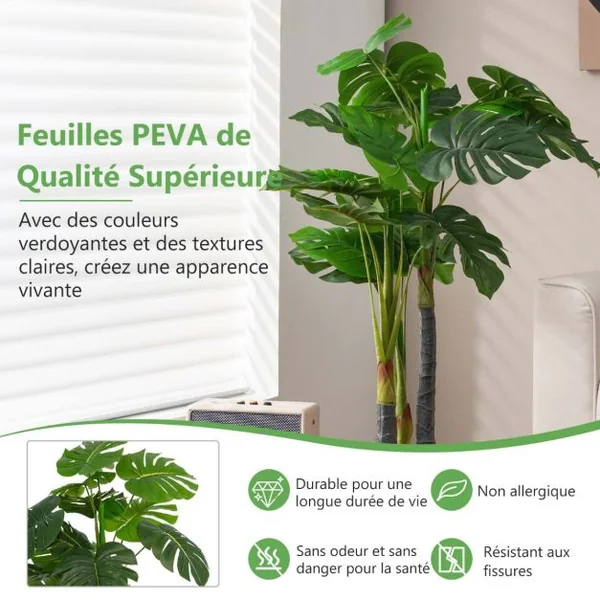 Arbre Artificiel 120cm avec Pot et 20 Feuilles Plante Faux Monstera Deliciosa pour Décoration Intérieur Exterieur Vert