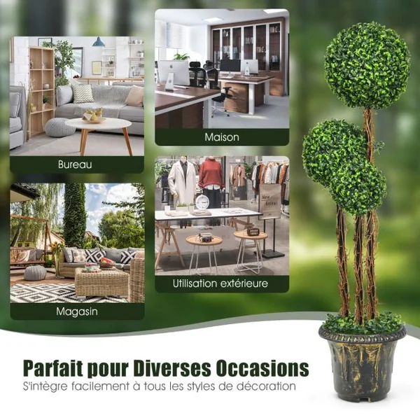 Arbre Artificiel Arbuste avec Feuilles à l'aspect Authentique 115 CM Fausse Plante 3 Boules en Pot avec Rotin Véritable Résistance aux UV