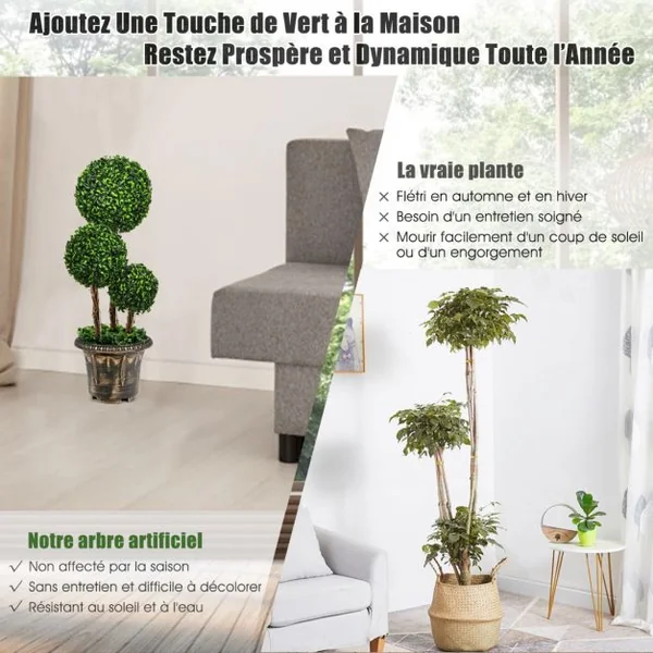 Arbre Artificiel Arbuste avec Feuilles à l'Aspect Authentique 75 CM Fausse Plante 3 Boules en Pot avec Rotin Véritable Résistance aux UV et l'eau