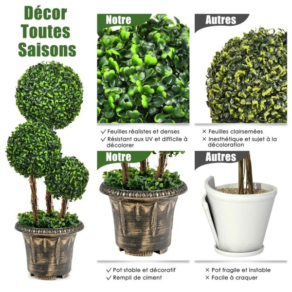 Arbre Artificiel Arbuste avec Feuilles à l'Aspect Authentique 75 CM Fausse Plante 3 Boules en Pot avec Rotin Véritable Résistance aux UV et l'eau