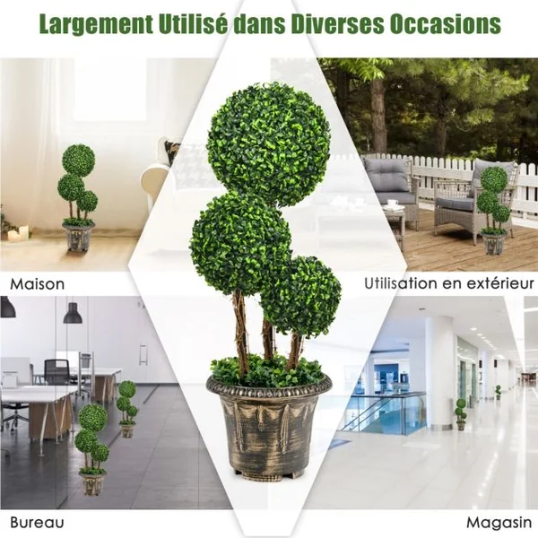 Arbre Artificiel Arbuste avec Feuilles à l'Aspect Authentique 75 CM Fausse Plante 3 Boules en Pot avec Rotin Véritable Résistance aux UV et l'eau