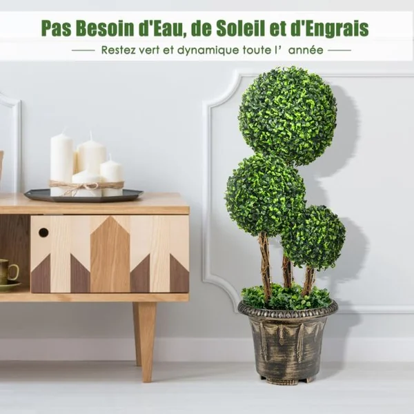 Arbre Artificiel Arbuste avec Feuilles à l'Aspect Authentique 75 CM Fausse Plante 3 Boules en Pot avec Rotin Véritable Résistance aux UV et l'eau