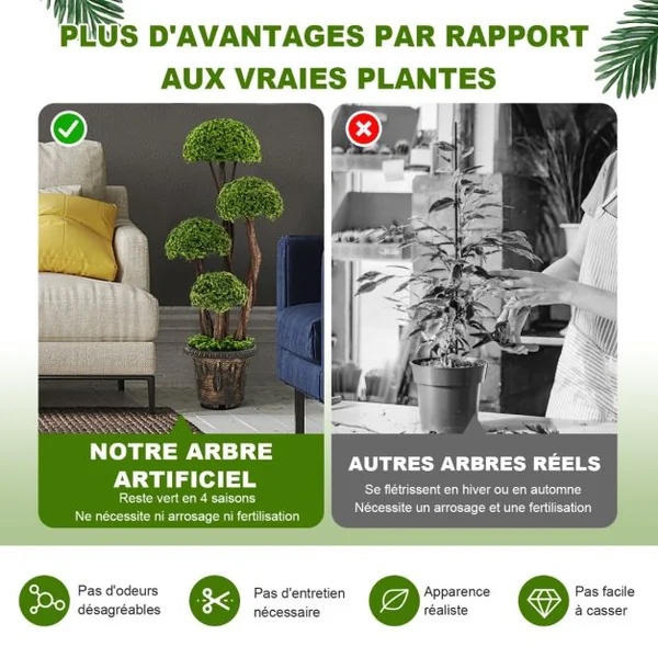 Arbre Artificiel en Cèdre 90 cm avec 4 Boules de Cèdre Faux Cyprès Topiaire avec Tronc en Rotin Pot Rempli de Ciment