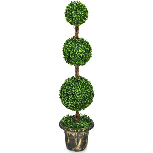 Arbre Artificiel Topiaire 120 cm avec Triple Boule Fausse Plante en Pot Rempli de Ciment Protection UV et Eau Décoration Interieur et Exterieur