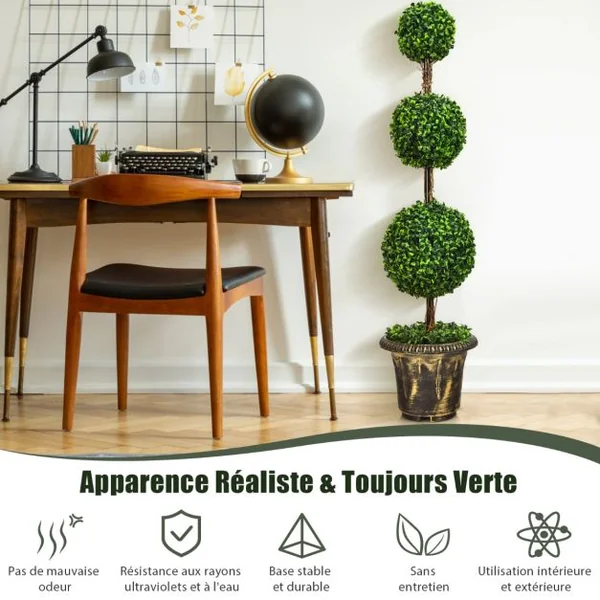 Arbre Artificiel Topiaire 120 cm avec Triple Boule Fausse Plante en Pot Rempli de Ciment Protection UV et Eau Décoration Interieur et Exterieur