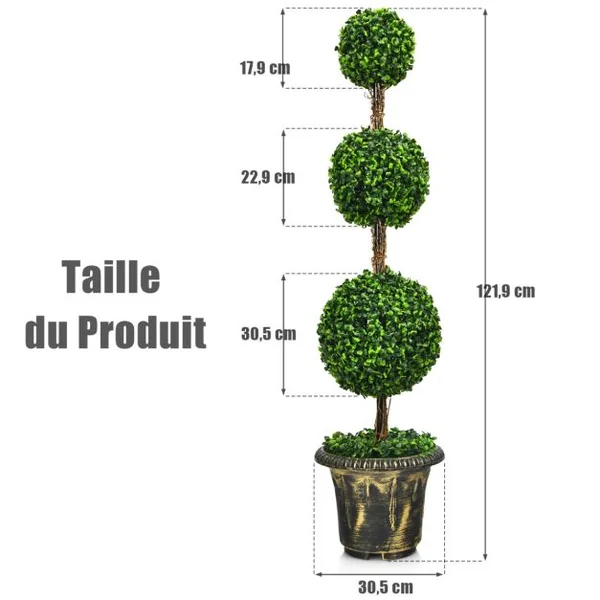 Arbre Artificiel Topiaire 120 cm avec Triple Boule Fausse Plante en Pot Rempli de Ciment Protection UV et Eau Décoration Interieur et Exterieur