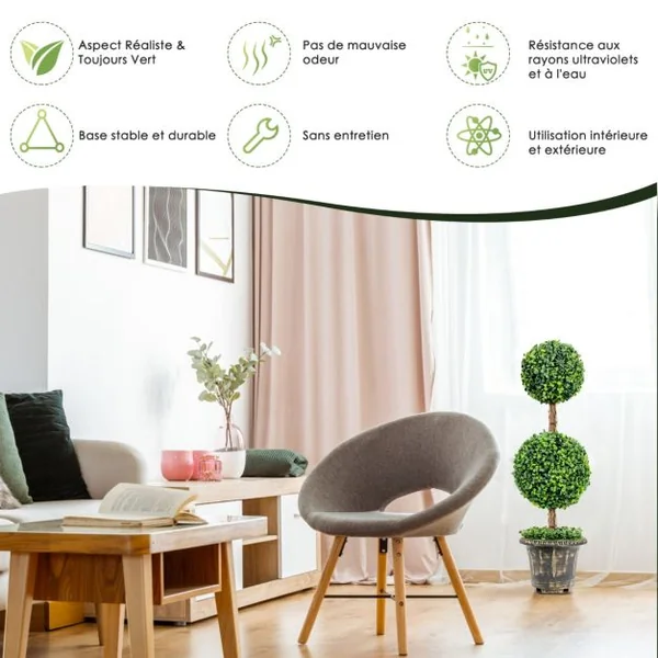 Arbre Artificiel Topiaire 90 cm avec Triple Boule Fausse Plante en Pot Rempli de Ciment Protection UV et Eau Décoration Interieur et Exterieur