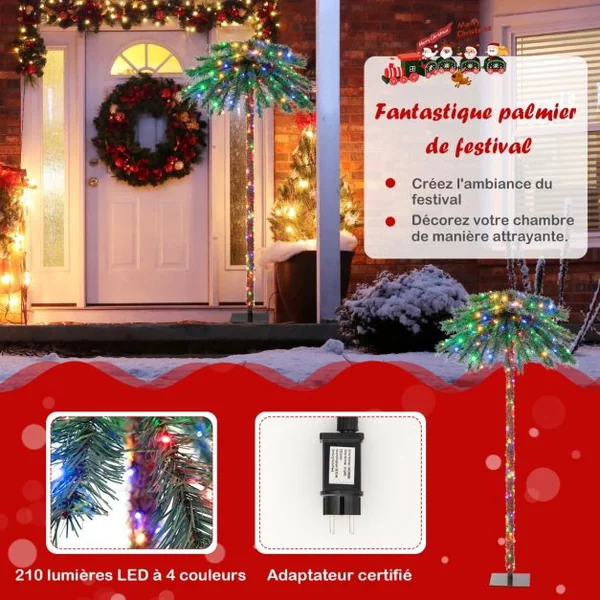 Arbre de Noël Artificiel en Forme de Palmier 1,8 m avec 210 Lumières à 4 Couleurs en PVC Décoration pour Bureau Maison Vert