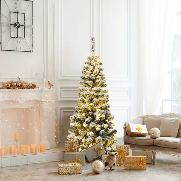 Arbre de Noël Artificiel Longiligne 135 CM ASpin Enneigé à Charnières Arbre de Noël Allongé 242 Branches pour la Décoration de la Maison