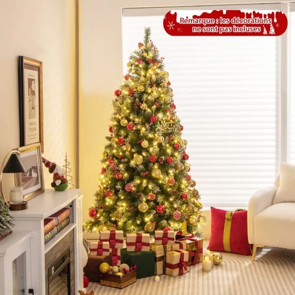Arbre de Noël Artificiel Pré-Éclairé 195 cm à Charnière Pré-Décoré 909 Pointes de Branches 420 Lumières Led 8 Modes d'Éclairage Pommes de Pin Baies Rouges