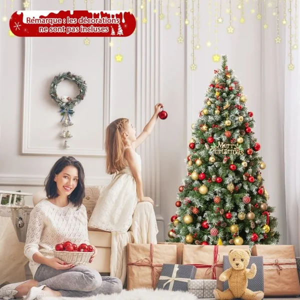 Arbre de Noël Artificiel Pré-Éclairé 195 cm à Charnière Pré-Décoré 909 Pointes de Branches 420 Lumières Led 8 Modes d'Éclairage Pommes de Pin Baies Rouges