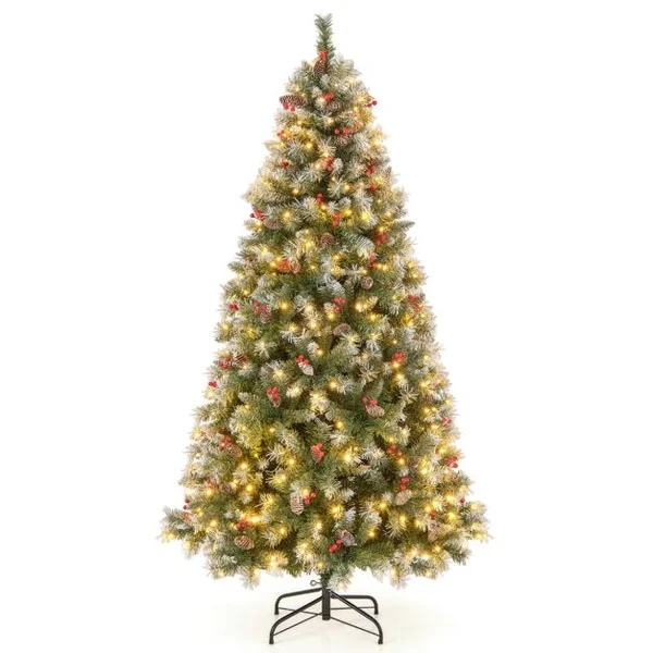 Arbre de Noël Artificiel Pré-Éclairé 195 cm à Charnière Pré-Décoré 909 Pointes de Branches 420 Lumières Led 8 Modes d'Éclairage Pommes de Pin Baies Rouges
