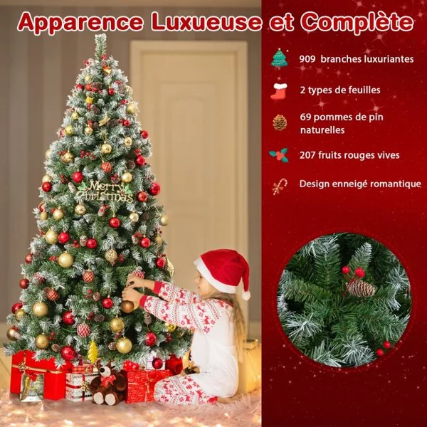 Arbre de Noël Artificiel Pré-Éclairé 195 cm à Charnière Pré-Décoré 909 Pointes de Branches 420 Lumières Led 8 Modes d'Éclairage Pommes de Pin Baies Rouges