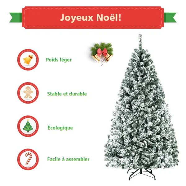 Arbre de Noël Artificiel à Flocons de Neige 180CM avec Charnières Support Métallique et 600 Branches Matière PVC Non-éclairé