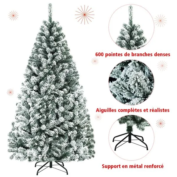 Arbre de Noël Artificiel à Flocons de Neige 180CM avec Charnières Support Métallique et 600 Branches Matière PVC Non-éclairé