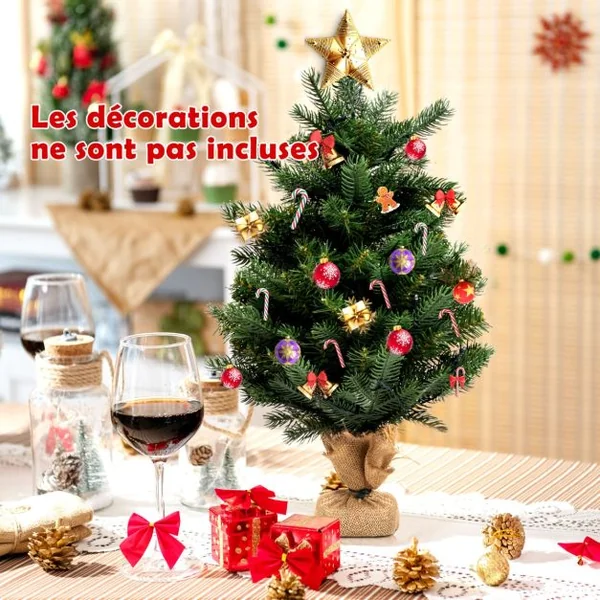 Arbre de Noël de Table H60CM dans Sac de Lin Sapin Epicéa en PVC+PE avec Fonction de Minuterie 234 Branches 35 Lumières LED
